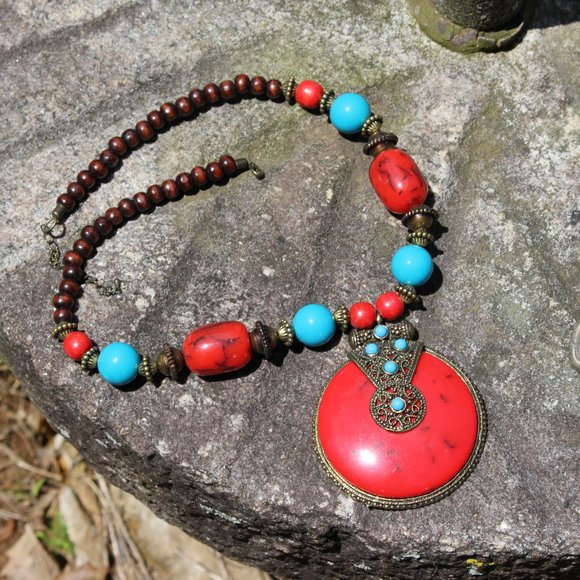 Big Red Tribal Cultural Statement Necklace - Picture 2 of 15
